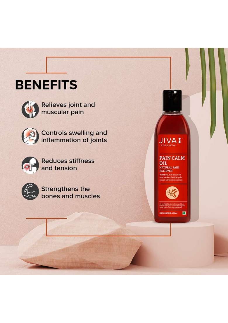 Jiva Pain Calm Oil 120Ml (Pack Of 2) Blend 5 Ayurvedic Oils, Quick Absorption, 100% Natural, Relief For Joint, Back, Knee, Shoulder And Muscular - Indya