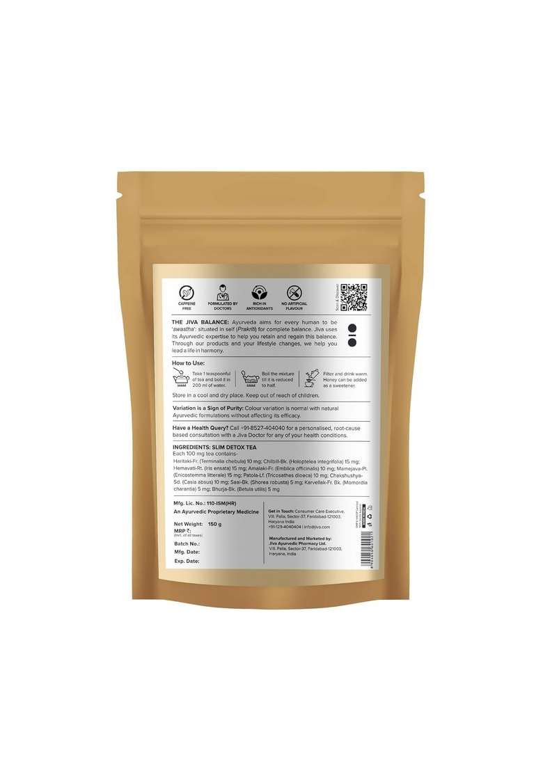Jiva Ayurveda Slim Tea 150Gm | 100% Ayurvedic Caffeine-Free Detoxifies Body, Open Up Blocked Channels, And Improve Digestion Metabolism Helps With Weight Management (Pack Of 1) - Indya