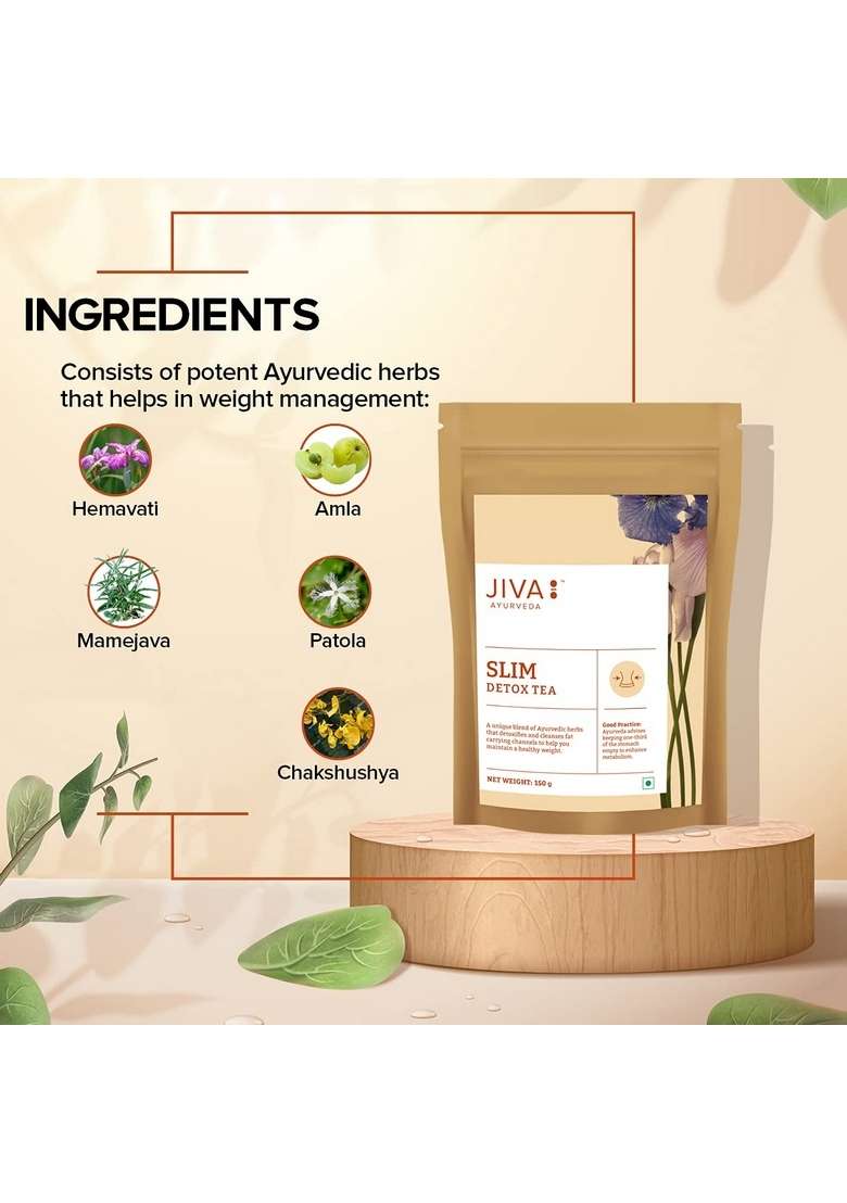 Jiva Ayurveda Slim Tea 150Gm | 100% Ayurvedic Caffeine-Free Detoxifies Body, Open Up Blocked Channels, And Improve Digestion Metabolism Helps With Weight Management (Pack Of 1) - Indya