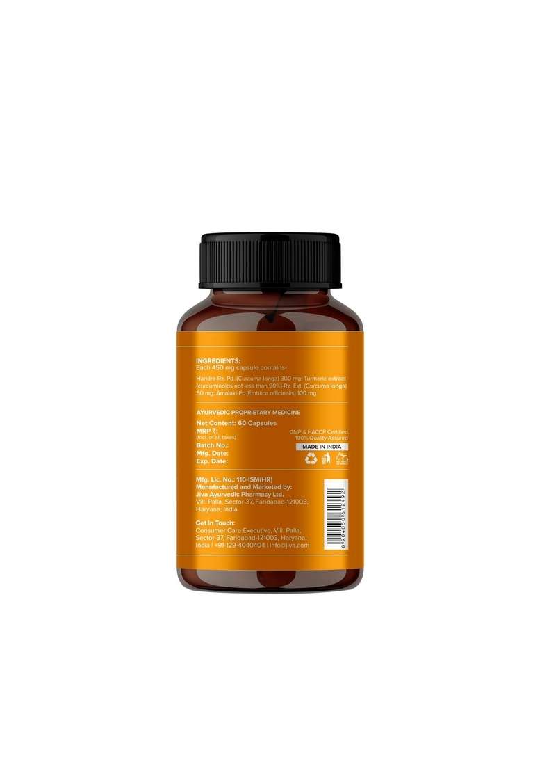 Jiva Turmeric Capsules | 100% Ayurvedic Formulation Made Of Haldi & Amla Boosts Immunity Promotes Healthy Skin Regulates Blood Sugar Levels Controls Diabetes- 60 (Pack 1) - Indya