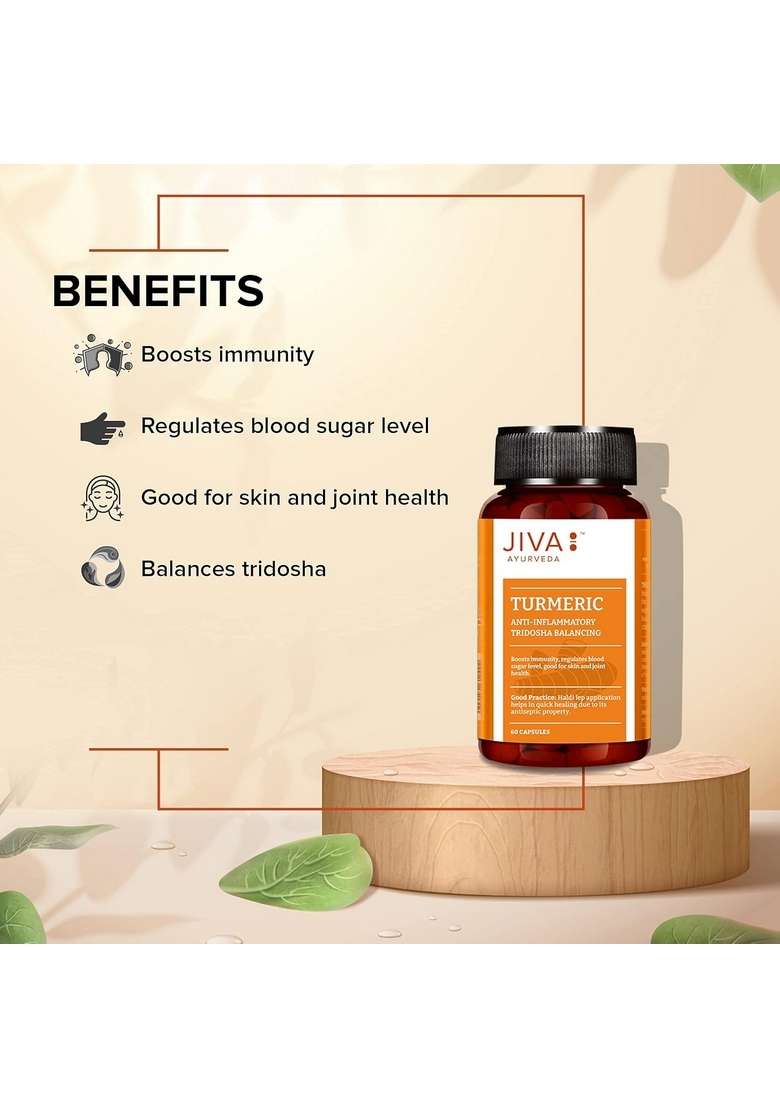 Jiva Turmeric Capsules | 100% Ayurvedic Formulation Made Of Haldi & Amla Boosts Immunity Promotes Healthy Skin Regulates Blood Sugar Levels Controls Diabetes- 60 (Pack 1) - Indya