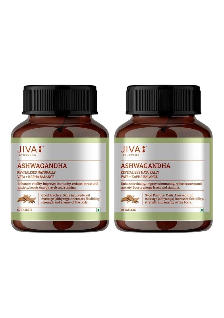Jiva Ashwagandha Tablet | 100% Ayurvedic Formulation Boosts Immunity And Energy Level Strengthens Nervous System, Reduces Stress & Anxiety Balances Kapha Vata Doshas- 60 Tablets (Pack Of 2) - Indya
