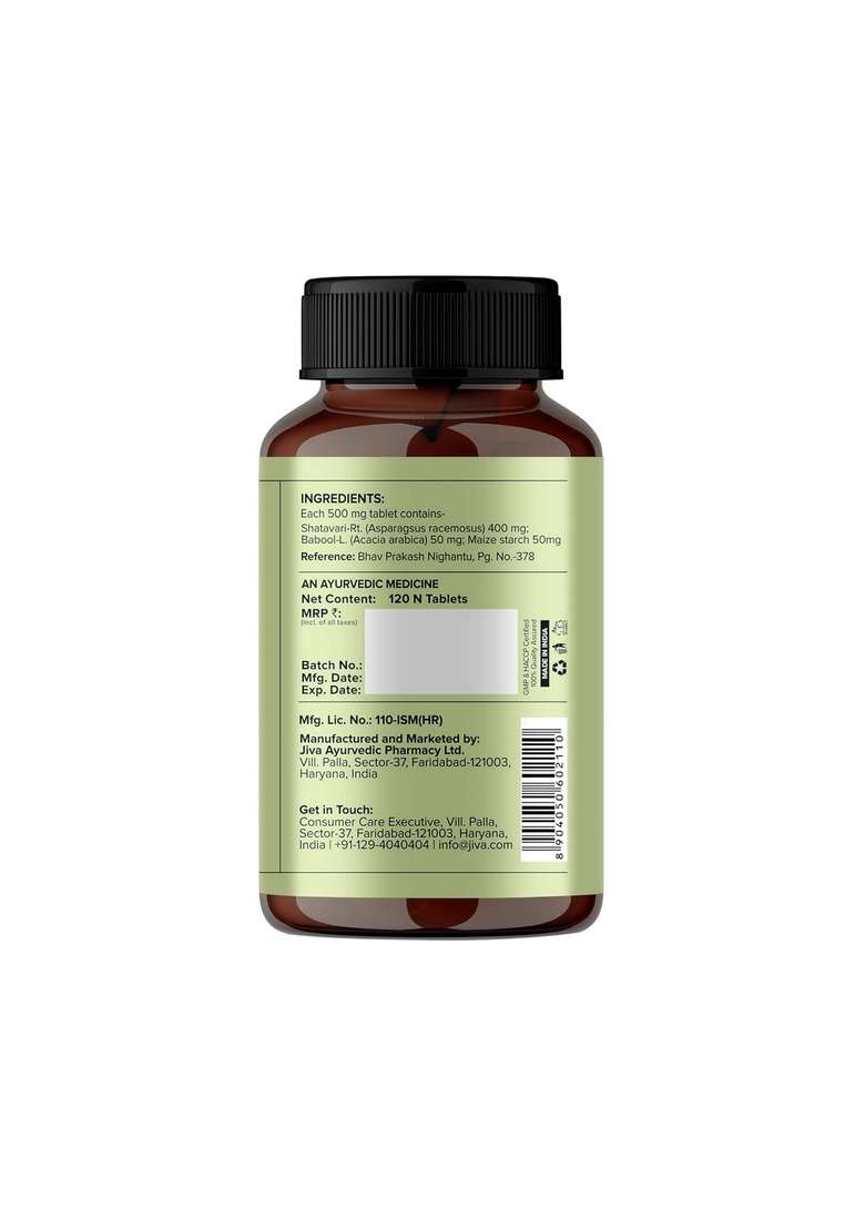 Jiva Shatavari Tablets 500Gm | 100% Pure & Natural Helps To Boost Immunity Goodness Of Shatavari, Babool, Maize Starch For Men Women - 120 (Pack 1) - Indya