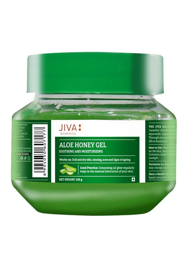 Jiva Aloe Honey Gel 100Gm | 100% Ayurvedic Formulation Moisturizes & Soothes Dull Skin Reduces Acne, Blemishes, Rashes, Sunburn Signs Of Ageing Ideal For All Types (Pack 2) - Indya