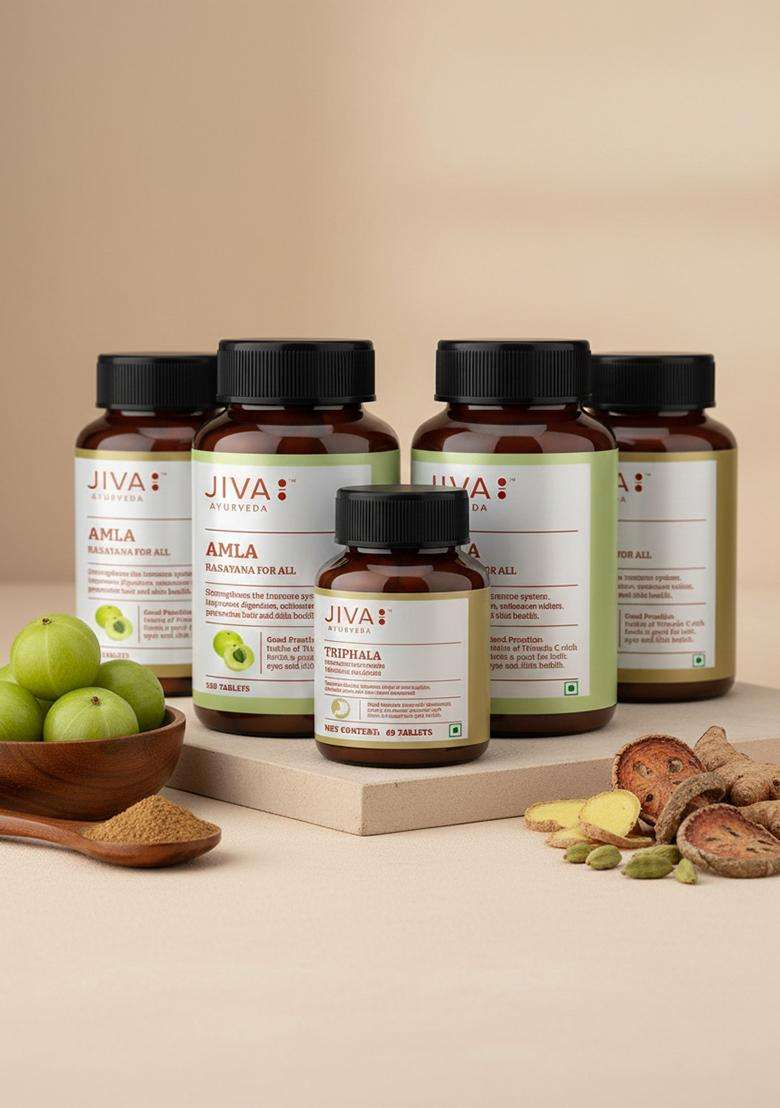 Jiva Amla Tablets 500Mg 120 Tablets+Free 60 Triphala | 100% Ayurvedic Tablets, Rich In Vitamin C Boosts Immunity & Improves Digestion Eyesight Skin Health (Pack Of 4+1) - Indya