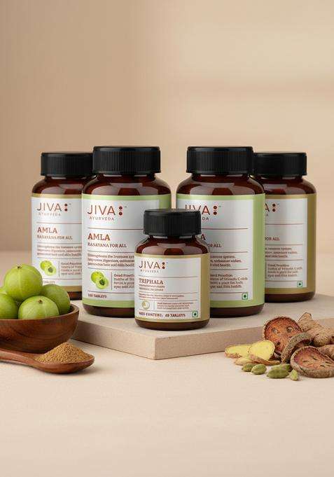 Jiva Amla Tablets 500Mg 120 Tablets+Free 60 Triphala | 100% Ayurvedic Tablets, Rich In Vitamin C Boosts Immunity & Improves Digestion Eyesight Skin Health (Pack Of 4+1)