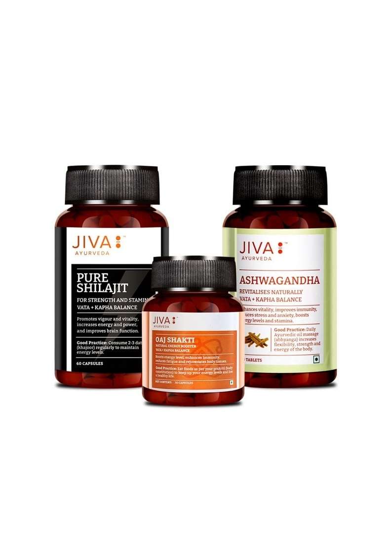 Jiva Immunity Booster Combo|100% Pure & Natural|Pure Shilajit 60 Capsules,Oaj Shakti 30 Capsules Ashwagandha - 120 Tablets (For Men Women)|(Combo Of 3),3 Count - Indya