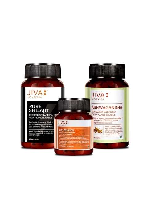 Jiva Immunity Booster Combo|100% Pure & Natural|Pure Shilajit 60 Capsules,Oaj Shakti 30 Capsules Ashwagandha - 120 Tablets (For Men Women)|(Combo Of 3),3 Count