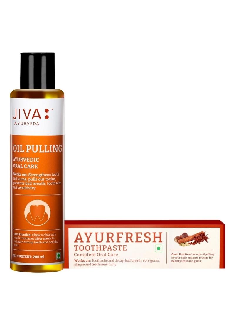 Jiva Oil Pulling 200Ml & Ayurfresh Toothpaste 100G | For Deep Cleansing Mouth, Removes Toxins Prevent Bad Breath, Alleviates Toothache Sensitivity (Combo Pack)