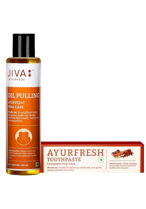 Jiva Oil Pulling 200Ml & Ayurfresh Toothpaste 100G | For Deep Cleansing Mouth, Removes Toxins Prevent Bad Breath, Alleviates Toothache Sensitivity (Combo Pack)