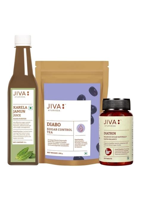 Jiva Diabeties Combo | Diabo Tea 150Gm, Diatrin 120 Tablet & Karela Jamun Juice 1L 100% Pure Natural Helps To Support Healthy Insulin (Combo Pack Of 3)