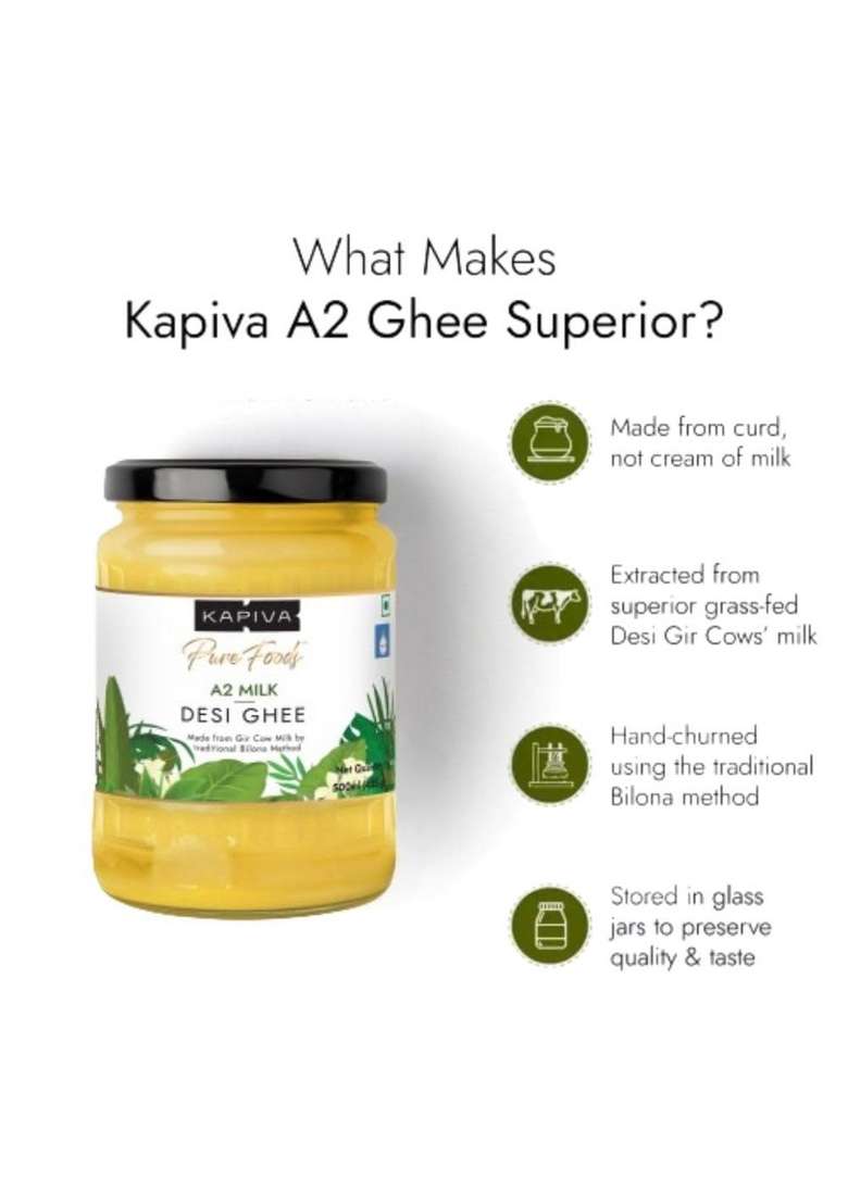 Kapiva Certified A2 Gir Cow Ghee 500Ml | Traditional Vedic Bilona Method Grassfed, Pure & Healthy Curd-Churned Premium Glass Bottle 100% Natural Lab-Tested Rich In Nutrition - Indya