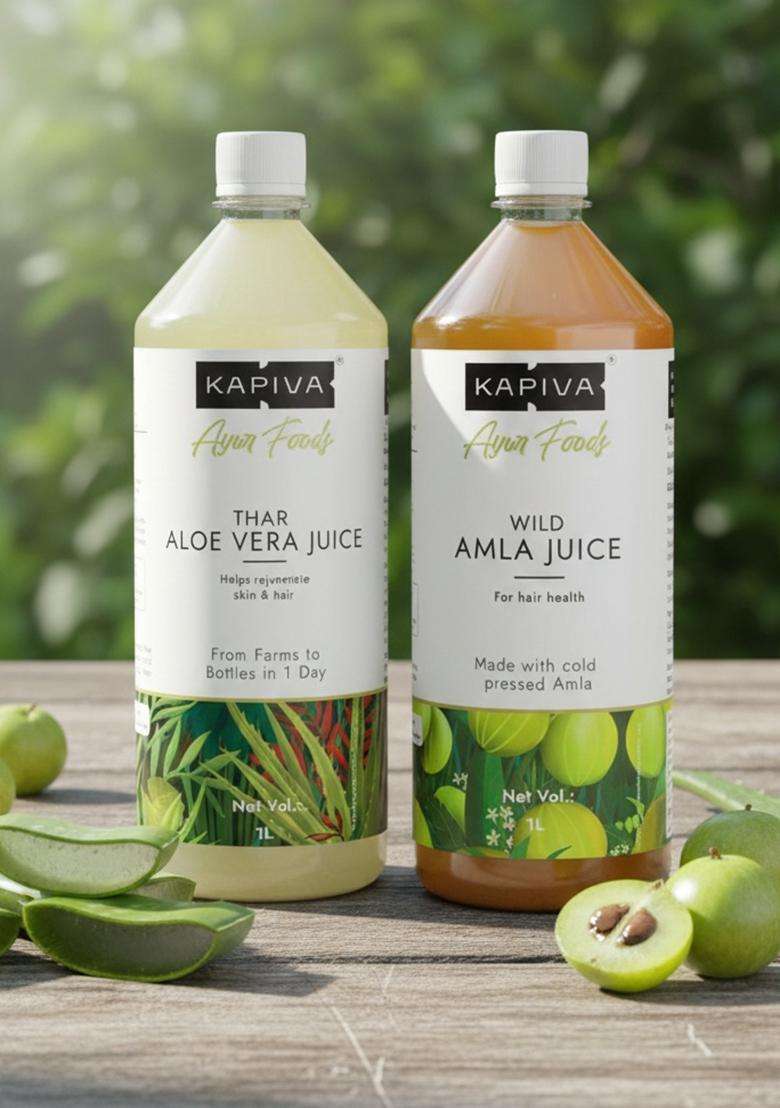 Kapiva Wild Amla 1L + Thar Aloe Vera Juice (With Pulp) | Cold-Pressed Combo To Help With Glowing Skin, Hair Care, And Detox (1L) - Indya
