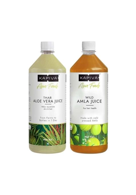 Kapiva Wild Amla 1L + Thar Aloe Vera Juice (With Pulp) | Cold-Pressed Combo To Help With Glowing Skin, Hair Care, And Detox (1L)