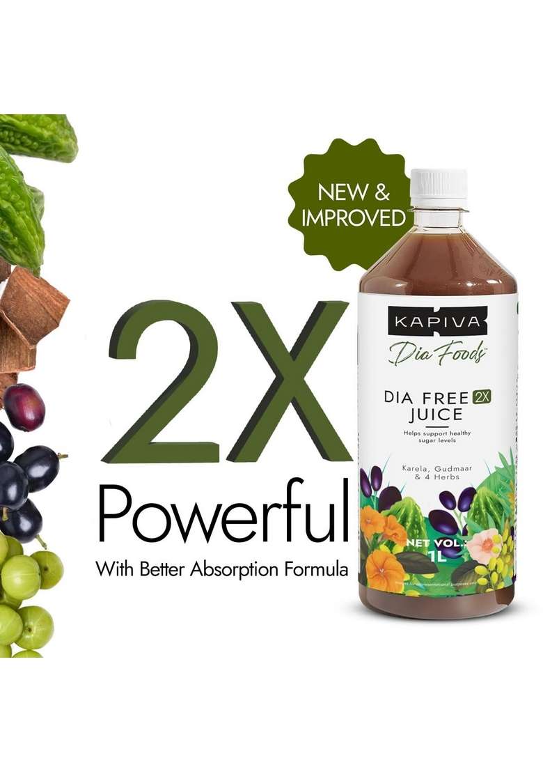 Kapiva Dia Free 2X Juice-1L | New And Improved Helps Manage Sugar Levels With 6 Powerful Herbs 100% Ayurvedic Juice Karela, Jamun & Gudmar 1 Month Pack - Indya