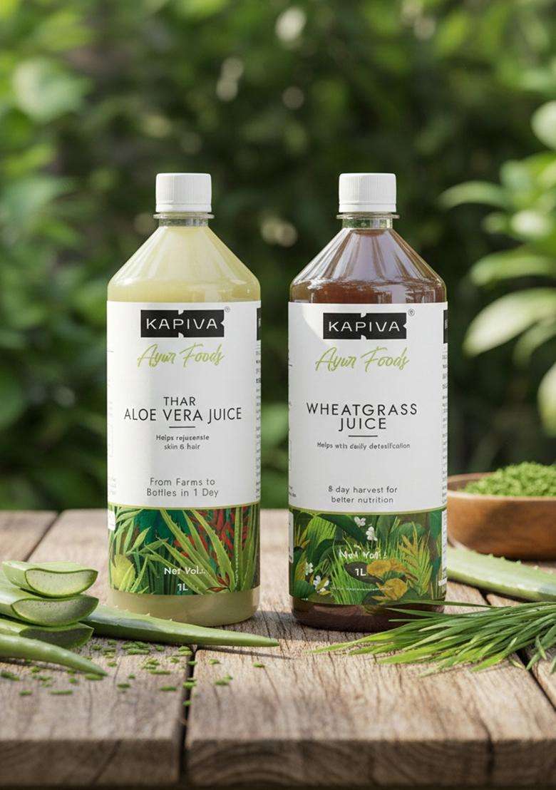 Kapiva Aloe Vera Juice + Wheatgrass | Ayurvedic Combo For Better Digestion, General Wellness, And Skin Care (1L+1L) - Indya