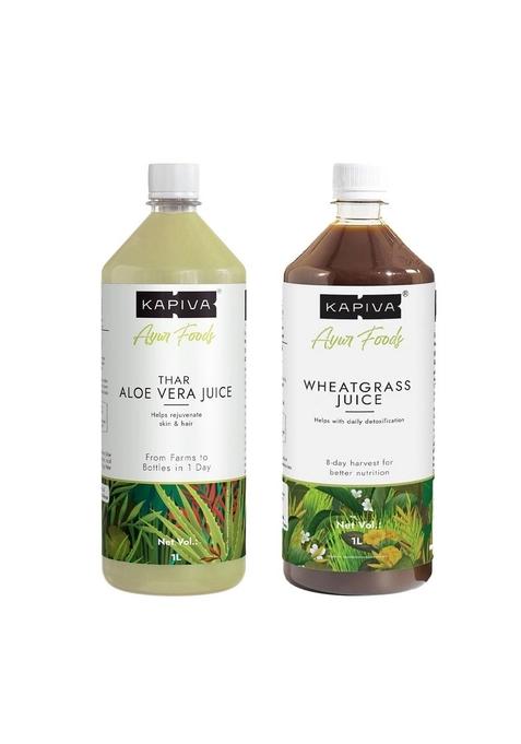 Kapiva Aloe Vera Juice + Wheatgrass | Ayurvedic Combo For Better Digestion, General Wellness, And Skin Care (1L+1L)
