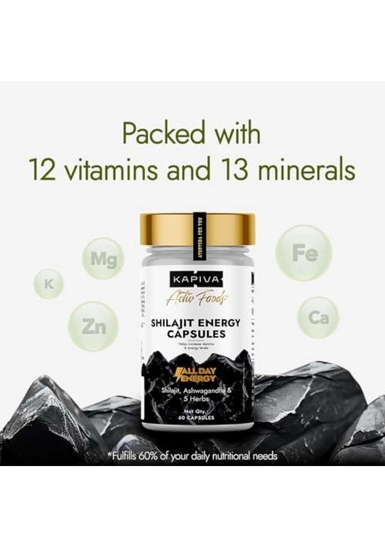 Kapiva Shilajit/Shilajeet Energy 60 Capsules | Made With 100% Pure Shilajit For All Day & Stamina Ashwagandha,Gokshura Contains 12 Vitamins 13 Minerals - Indya