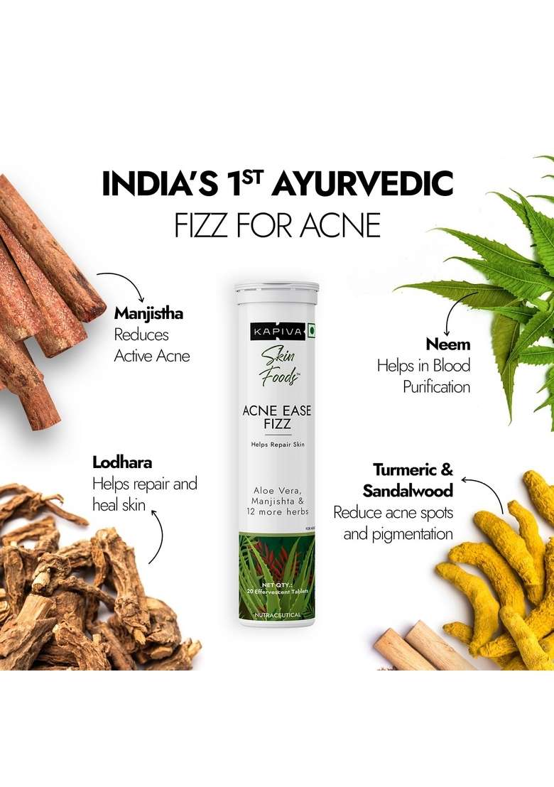Kapiva Acne Ease Fizz | 100% Ayurvedic Control Tablet Clear, Pimple-Free Skin Blood Purifier With Neem, Tulsi, Sandalwood Orange Flavor - Indya