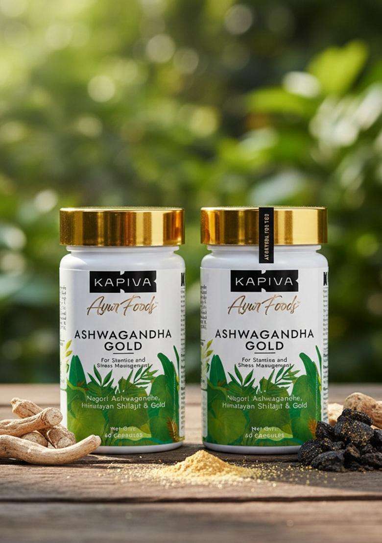 Kapiva Ashwagandha Gold Capsules, 183Rd Day Harvested Potent Nagori With Gold, Shilajit | Helps In Stress Management, Improve Energy And Stamina For Men & Women (60 Capsules) - Pack Of 2 - Indya