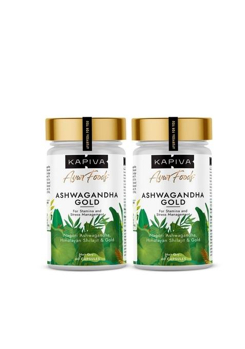 Kapiva Ashwagandha Gold Capsules, 183Rd Day Harvested Potent Nagori With Gold, Shilajit | Helps In Stress Management, Improve Energy And Stamina For Men & Women (60 Capsules) - Pack Of 2