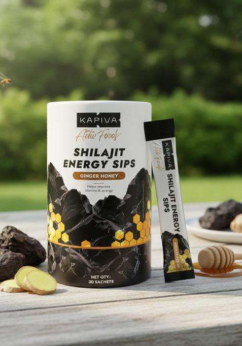 Kapiva Shilajit Energy Sips | With 100% Pure Shilajit/Shilajeet 250Mg Shilajit/Stick Boosts & Stamina 30 Sachets Ginger Honey Flavour (30 N)