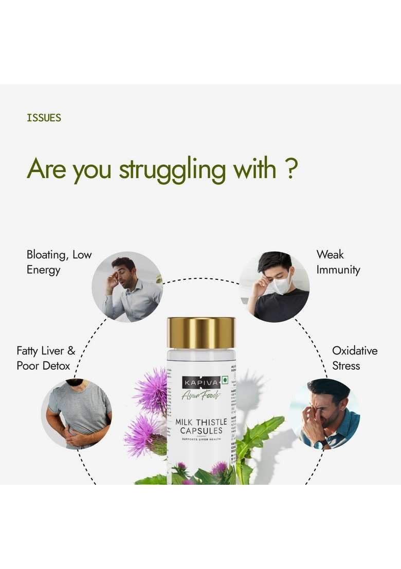 Kapiva Milk Thistle Capsules (120N) | With 70% Silymarin Supports Liver & Immune System Vegan, Preservative-Free Detox Supplement - Indya