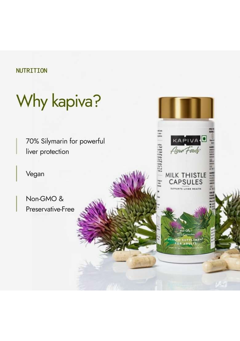 Kapiva Milk Thistle Capsules (120N) | With 70% Silymarin Supports Liver & Immune System Vegan, Preservative-Free Detox Supplement - Indya