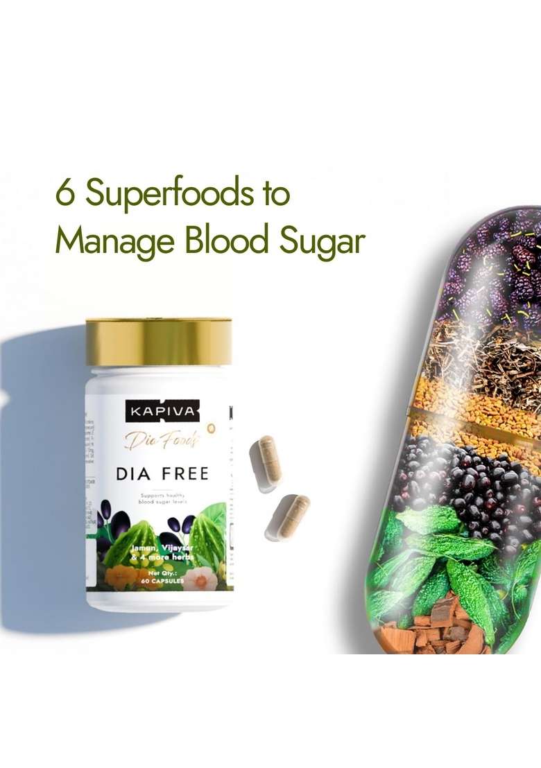 Kapiva Dia Free Capsules | Helps Manage Blood Sugar Levels With Karela, Jamun & Gudmar 100% Ayurvedic Powerful Herbs 1 Month Pack For Diabetes/Diabetic Care 60 (Pack Of 2) - Indya