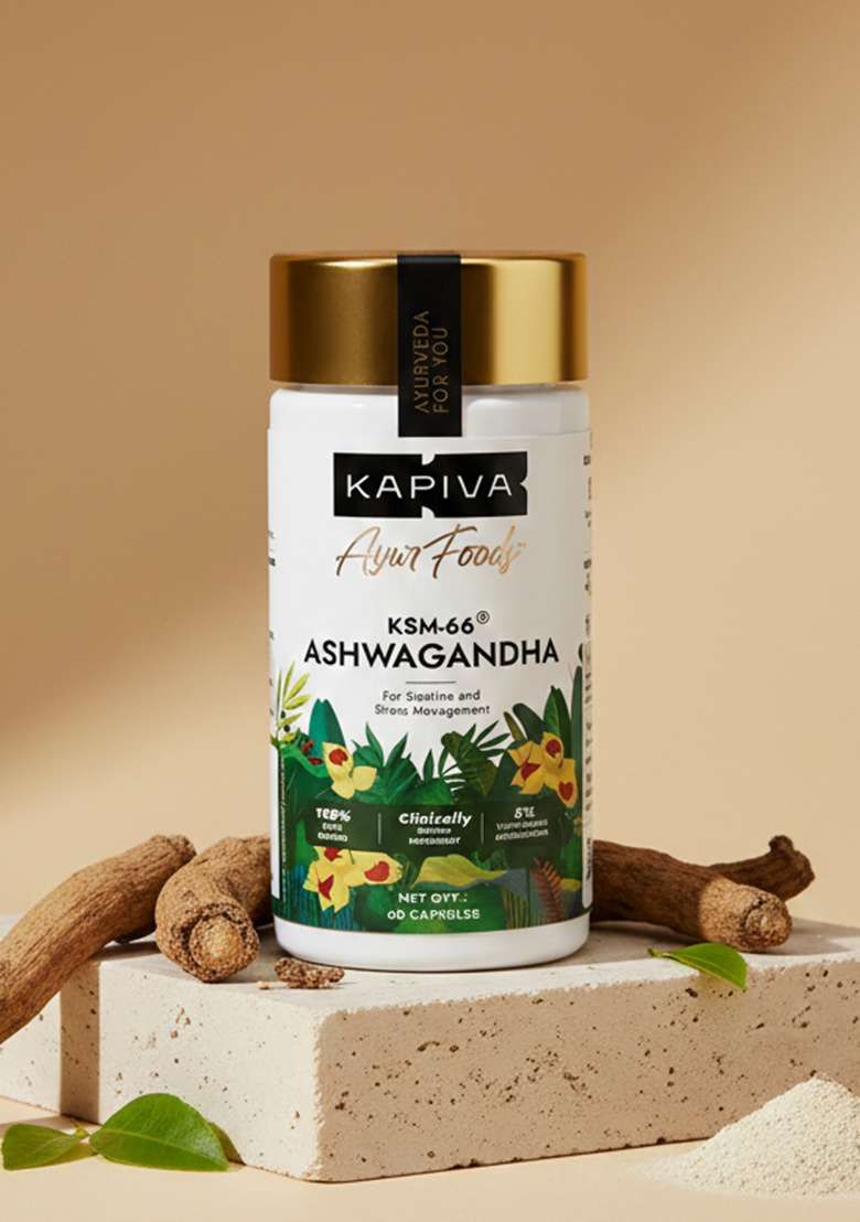 Kapiva Ksm-66 Ashwagandha (500Mg) | Clinically Proven With 5% Withanolides 100% Root Extract Supports Cortisol Balance, Strength & Vitality Natural Stress Relief 60 Veg Capsules - Indya