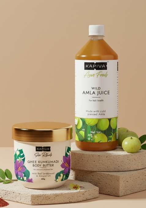 Kapiva Kumkumadi Ghee Body Butter 200 Gms + Wild Amla Juice 1 Ltr