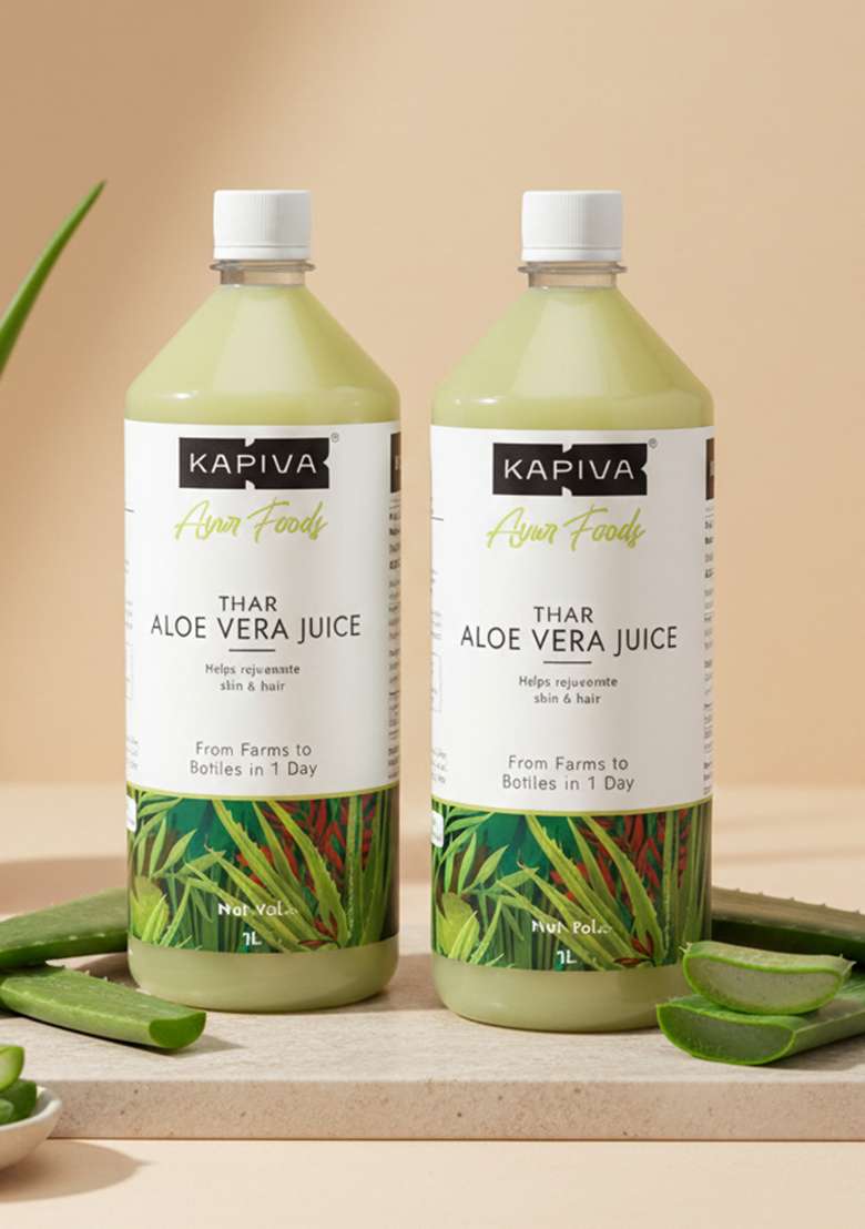 Kapiva Thar Aloe Vera Juice (With Pulp) 1L | Rejuvenates Skin And Hair Natural Made Within 4 Hours Of Harvesting No Added Sugar (Pack 2) - Indya