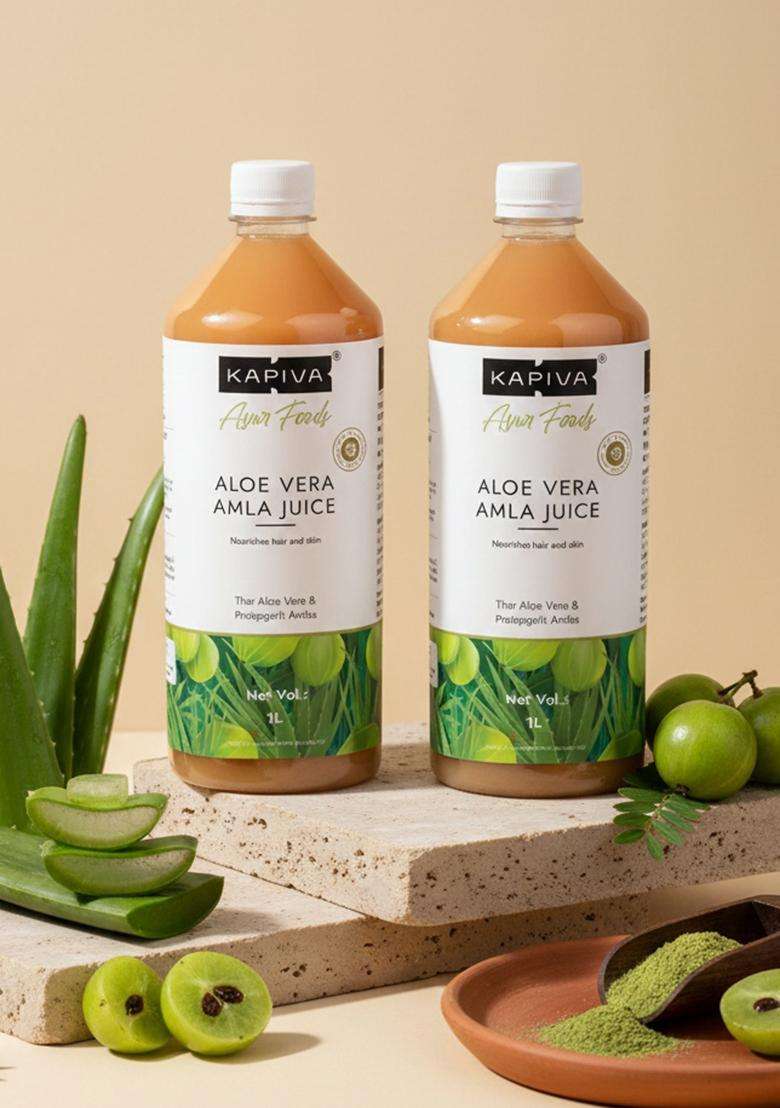 Kapiva Aloe Vera + Amla Juice (2L) | Cold-Pressed For Glowing Skin Helps With Acne And Metabolism - Super Saver Pack Of 2 - Indya