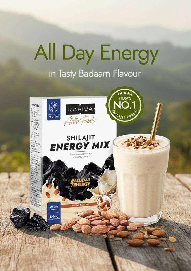 Kapiva Shilajit Energy Mix | Badam Flavour Drink For Men Natural Nutritional Supplement |60% + Fulvic Acid, 80+ Minerals Pure Himalayan Shilajit, Ashwagandha, 5G Protein Improves Daily Energy, Stamina And Focus| 400G - Indya