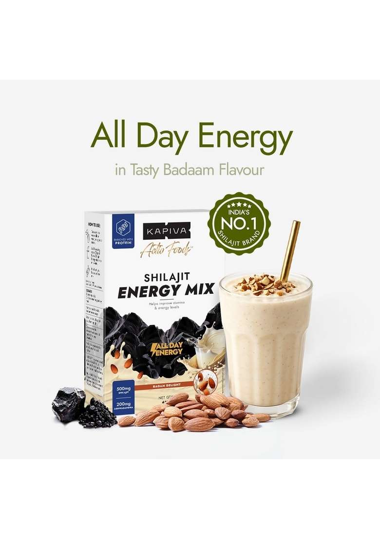 Kapiva Shilajit Energy Mix | Badam Flavour Drink For Men Natural Nutritional Supplement |60% + Fulvic Acid, 80+ Minerals Pure Himalayan Shilajit, Ashwagandha, 5G Protein Improves Daily Energy, Stamina And Focus| 400G - Indya