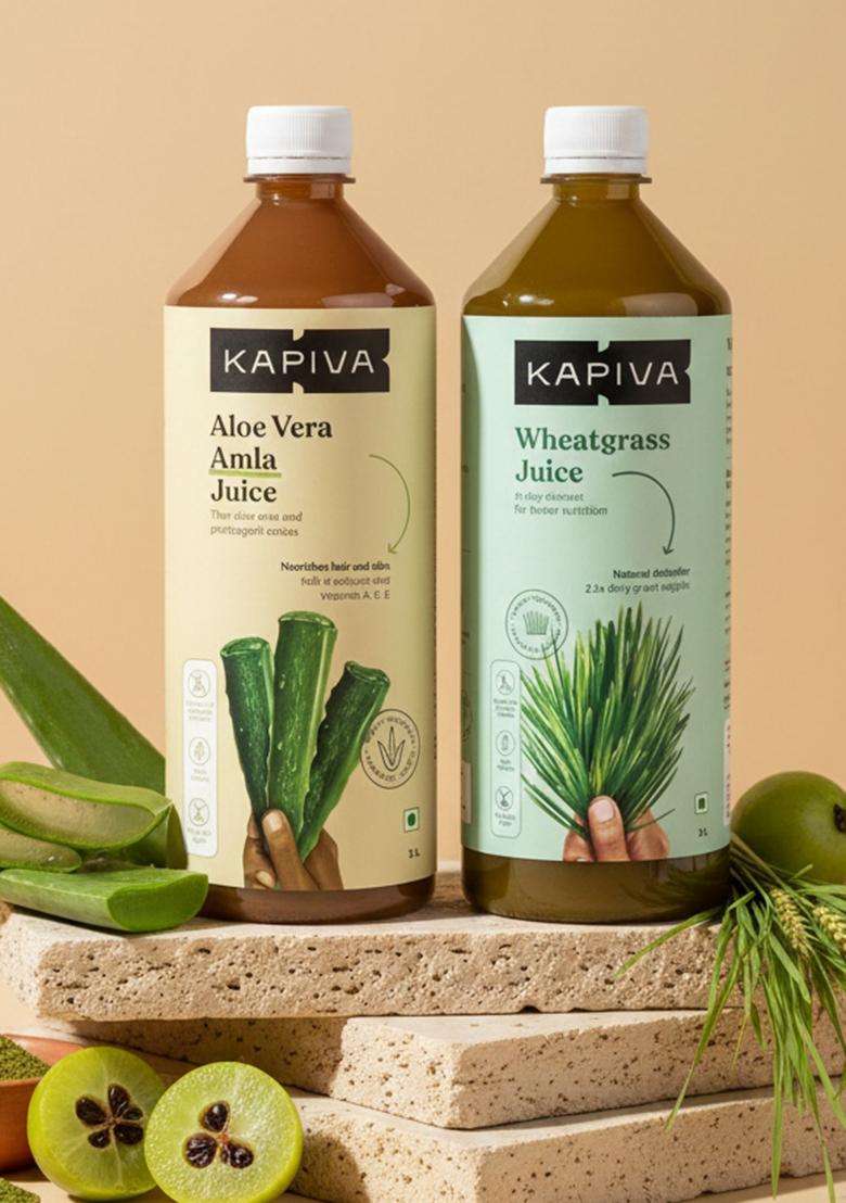 Kapiva Aloe And Amla Juice + Wheatgrass | Ayurvedic Combo For Better Digestion, General Wellness, Skin Hair Care (1L+1L) - Indya