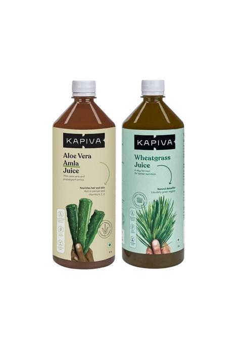 Kapiva Aloe And Amla Juice + Wheatgrass | Ayurvedic Combo For Better Digestion, General Wellness, Skin Hair Care (1L+1L)