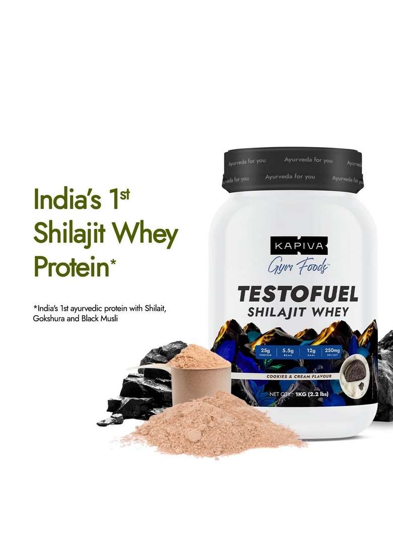 Kapiva Testofuel Shilajit Whey Protein| 25G Protein | 250Mg 5.5G Bcaa Cookies & Cream Faster Absorption Digezyme Blend Wada Compliant 1Kg/ 2.2Lb - Indya