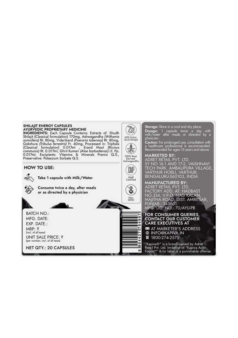 Kapiva Shilajit/Shilajeet Energy 20 Capsules | Made With 100% Pure Shilajit For All Day & Stamina Ashwagandha,Gokshura Ayurvedic - Indya