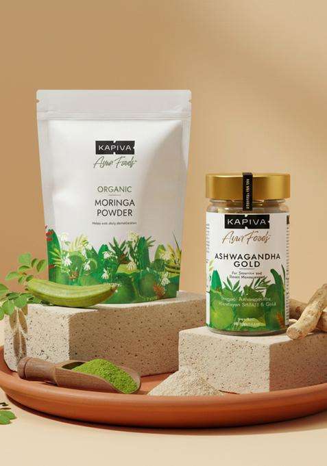 Kapiva Moringa Powder (200G) + Ashwagandha Gold Capsules (60N) | Boost Energy & Immunity Reduce Stress Naturally| Plant-Based Superfoods Vegan No Preservatives