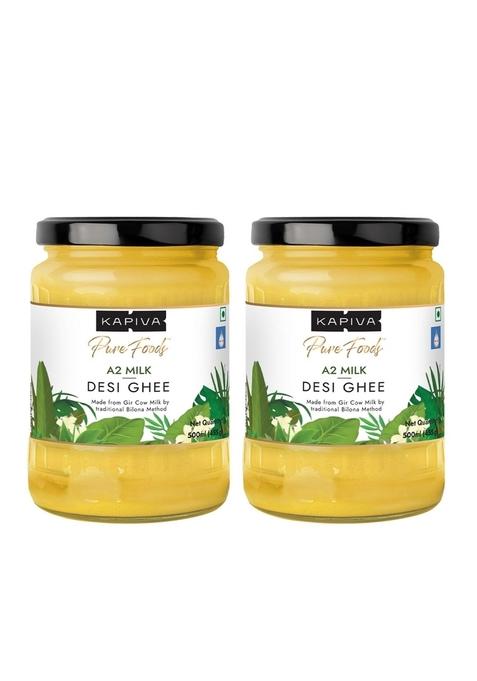 Kapiva A2 Desi Cow Ghee 500Ml | Bilona Method, Curd-Churned Pure, Natural, Healthy Grass-Fed Cultured - Super Saver Pack Of 2