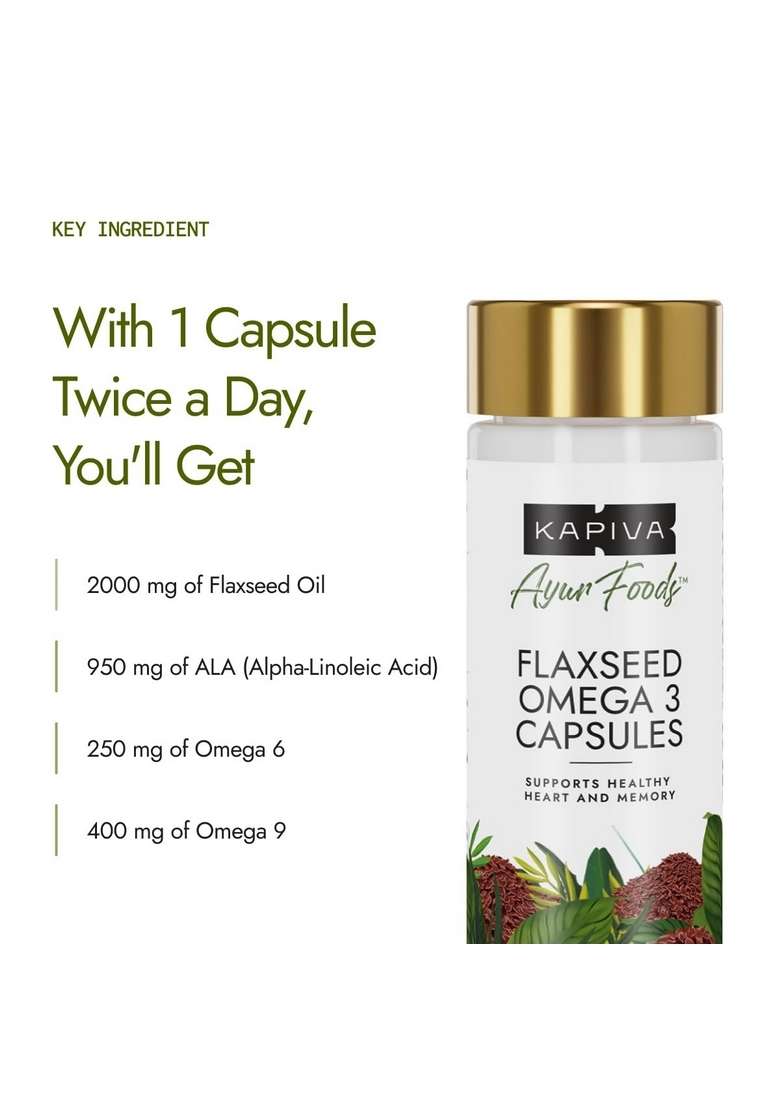 Kapiva Flaxseed Omega 3 Capsules (60N) | Vegetarian Oil Better Joint & Heart Health (Pack Of 2) - Indya
