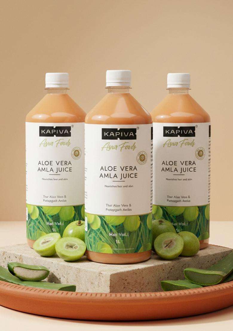 Kapiva Aloe Vera + Amla Juice | Cold-Pressed For Glowing Skin Helps With Metabolism (1L) (Pack Of 2) - Indya