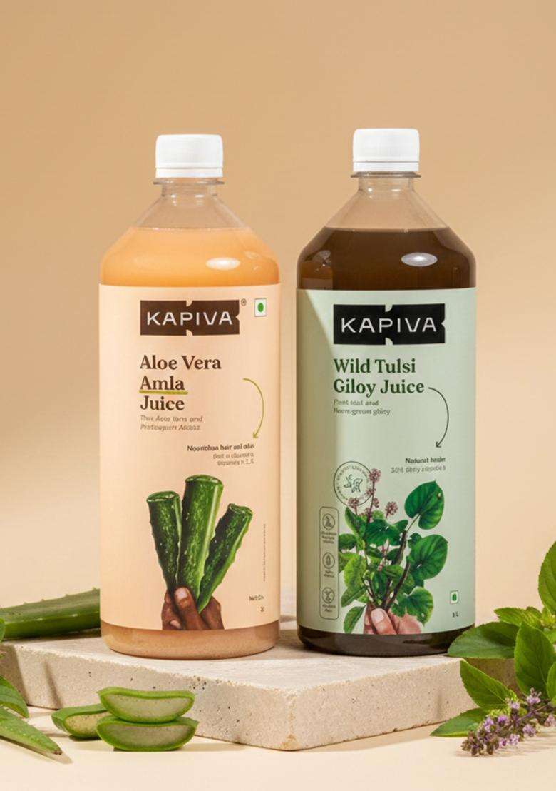 Kapiva Wild Tulsi Giloy Juice | To Support Immune Health + Aloe Vera Amla Cold-Pressed For Glowing Skin Helps With Acne And Metabolism (1L) - Indya