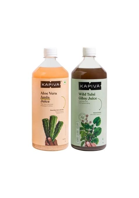 Kapiva Wild Tulsi Giloy Juice | To Support Immune Health + Aloe Vera Amla Cold-Pressed For Glowing Skin Helps With Acne And Metabolism (1L)