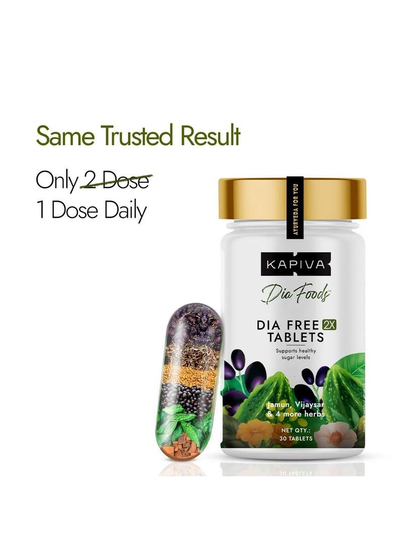 Kapiva Dia Free 2X Tablets,30 Tablets | Single Dose Daily Helps Manage Sugar Levels With Karela, Jamun, Gudmar & 3 More 1 Month Pack - Indya