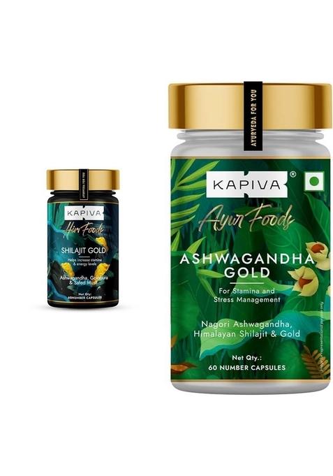 Kapiva Shilajit Gold 60 Capsules Contains 24 Carat Boosts 100% Ayurvedic & Ashwagandha 183Rd Day Harvested Potent Nagori With For Men Women (60 Capsules)