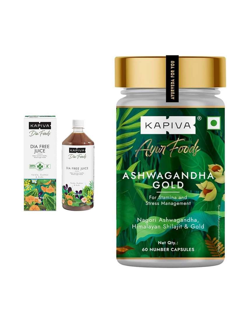 Kapiva Dia Free Juice,1L Clinically Proven Blood Sugar Care Amla, Karela, Jamun, Guduchi & 7 More Ashwagandha Gold Capsules, 183Rd Day Harvested Potent Nagori With Gold(60 Capsules) - Indya