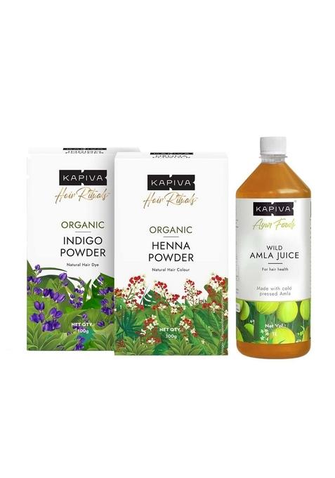 Kapiva Amla Juice + Organic Henna Indigo Powder | 100% Ayurvedic Hair Care Combo Strengthens Hair, Reduces Fall & Adds Natural Color