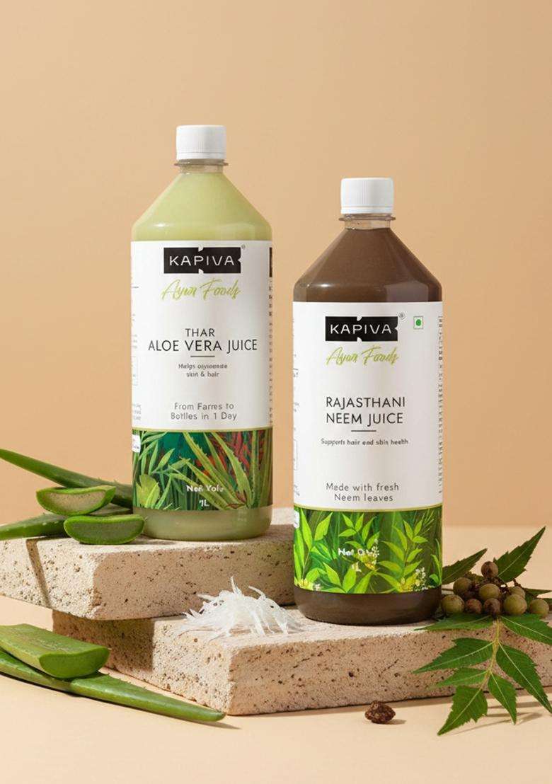 Kapiva Thar Aloe Vera Juice 1L + Rajasthani Neem | Rich In Vitamin C, E And Fibre Natural Juices Maintain Healthy Skin Hair - Indya